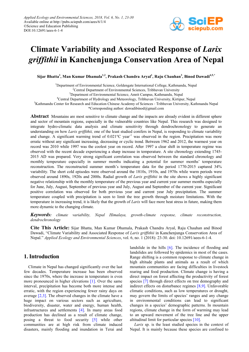 Climate Variability and Associated Response of Larix Griffithii in Kanchenjunga Conservation Area of Nepal