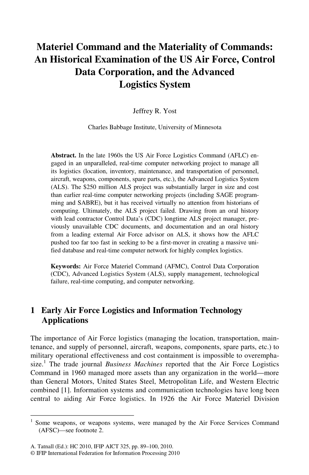 An Historical Examination of the US Air Force, Control Data Corporation, and the Advanced Logistics System