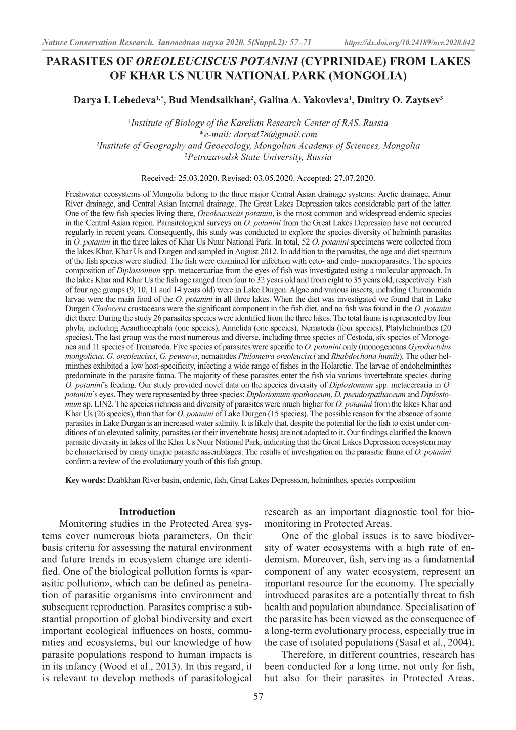 Parasites of Oreoleuciscus Potanini (Cyprinidae) from Lakes of Khar Us Nuur National Park (Mongolia)
