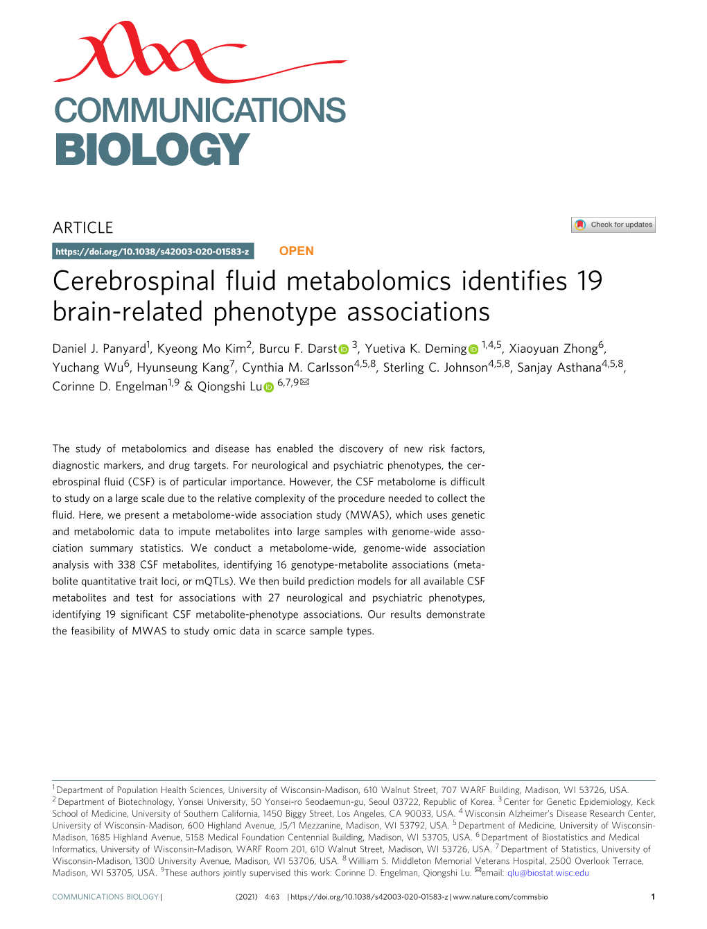 Cerebrospinal Fluid Metabolomics Identifies 19 Brain-Related