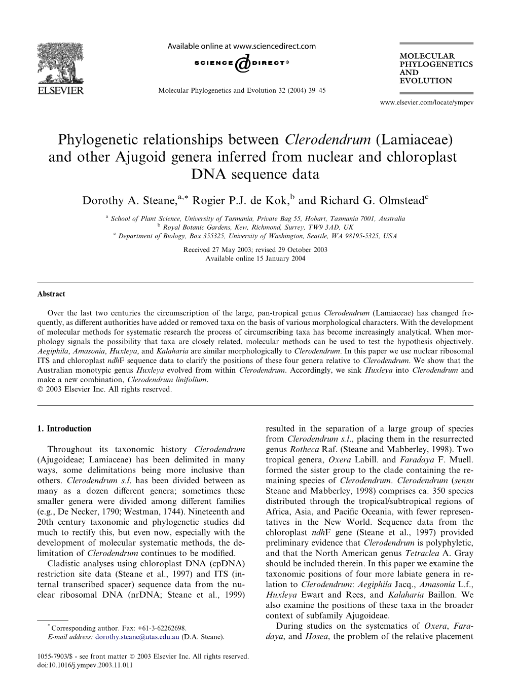 Phylogenetic Relationships Between Clerodendrum (Lamiaceae) and Other Ajugoid Genera Inferred from Nuclear and Chloroplast DNA Sequence Data