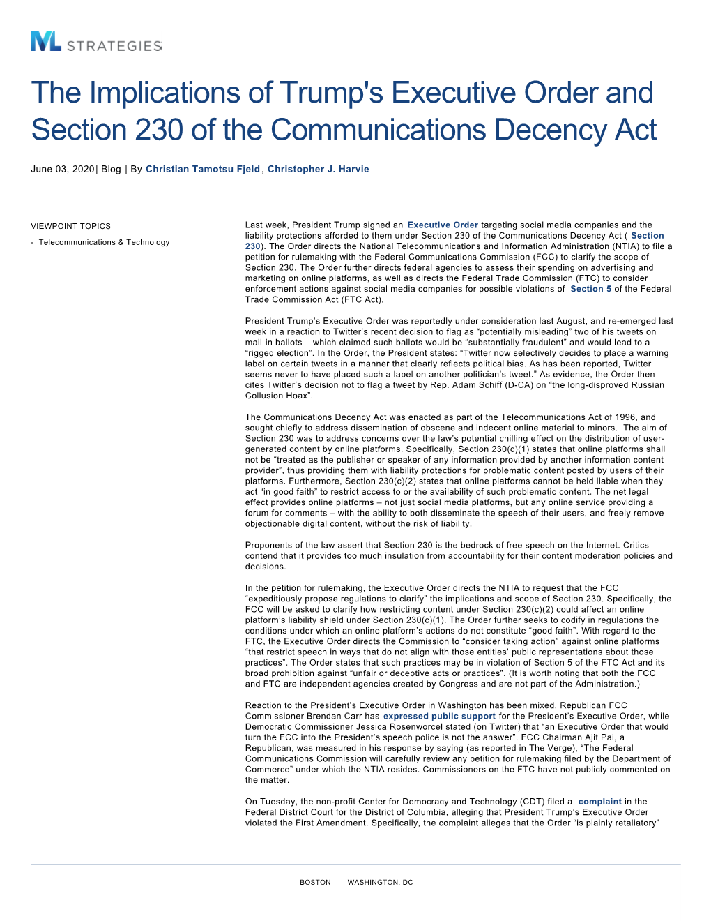 S Executive Order and Section 230 of the Communications Decency Act