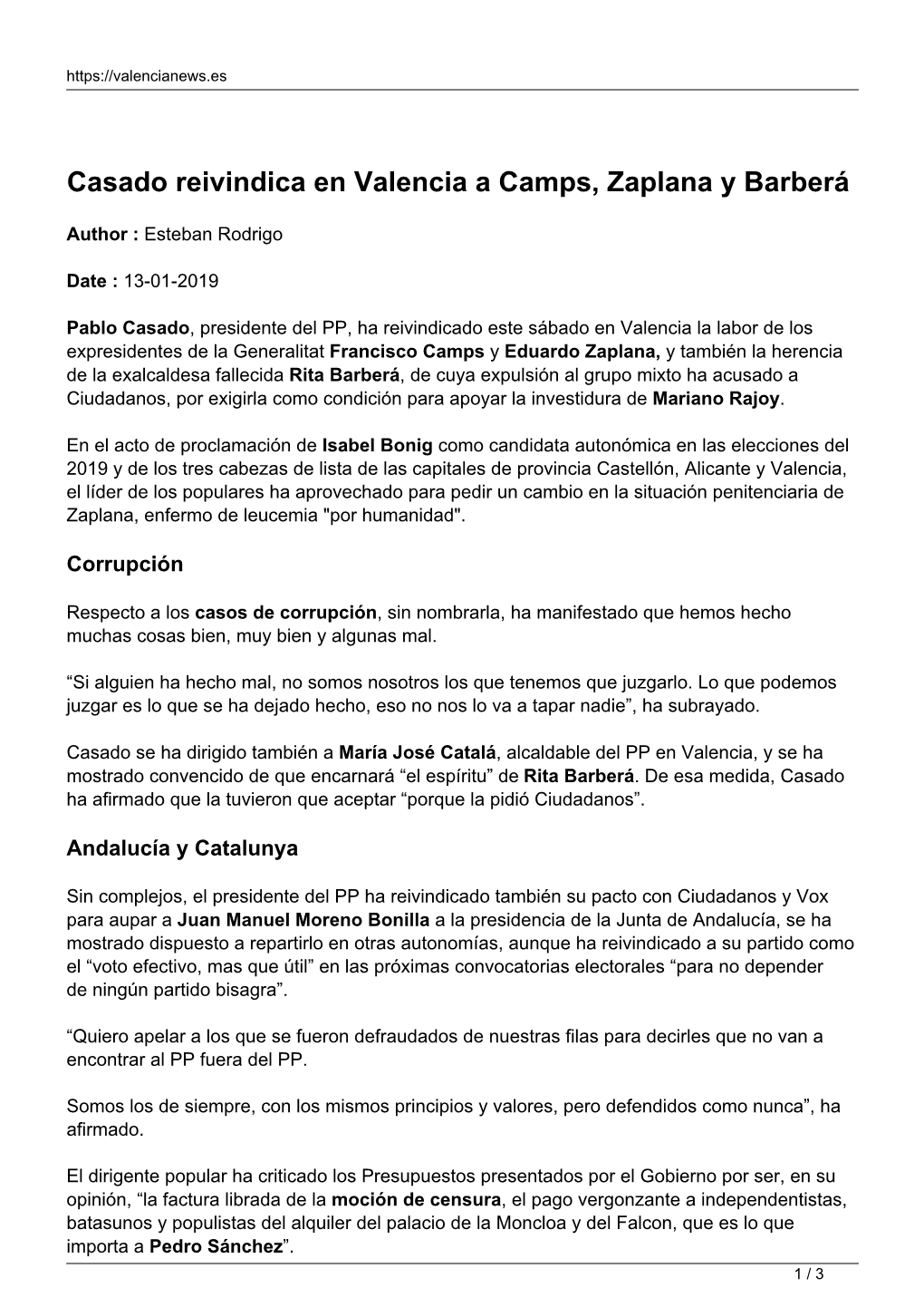 Casado Reivindica En Valencia a Camps, Zaplana Y Barberá