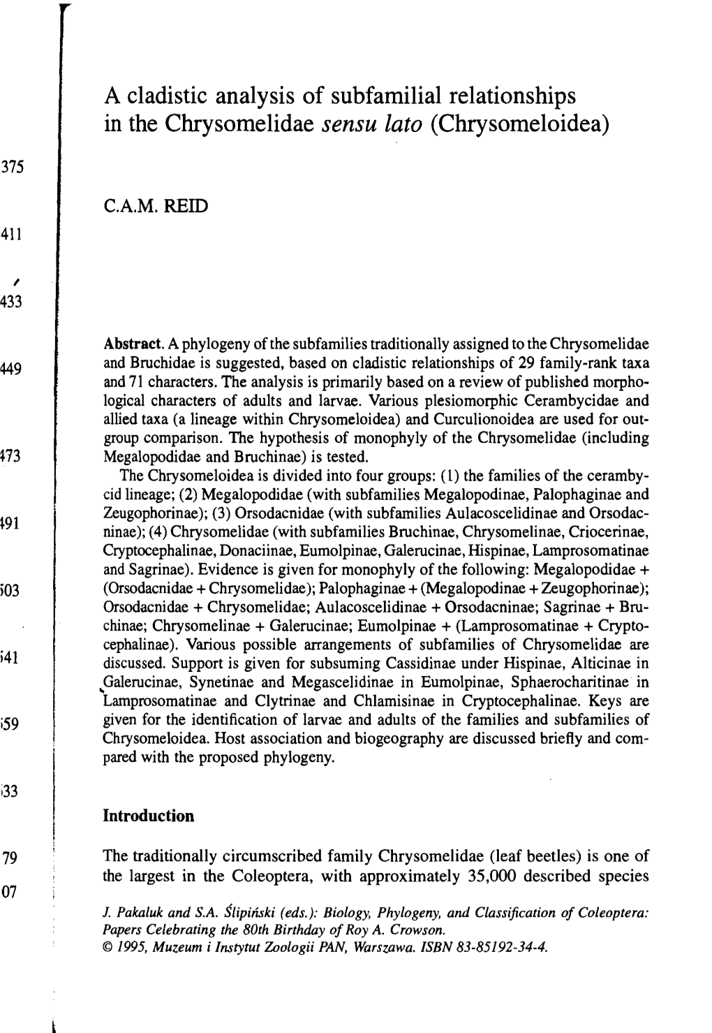 A Cladistic Analysis of Subfamilial Relationships I in the Chrysomelidae Sensu Lato (Chrysomeloidea)