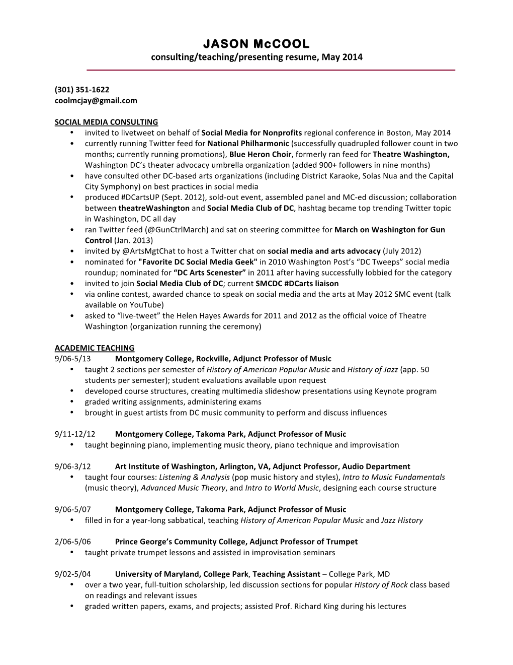 JASON Mccool Consulting/Teaching/Presenting Resume, May 2014