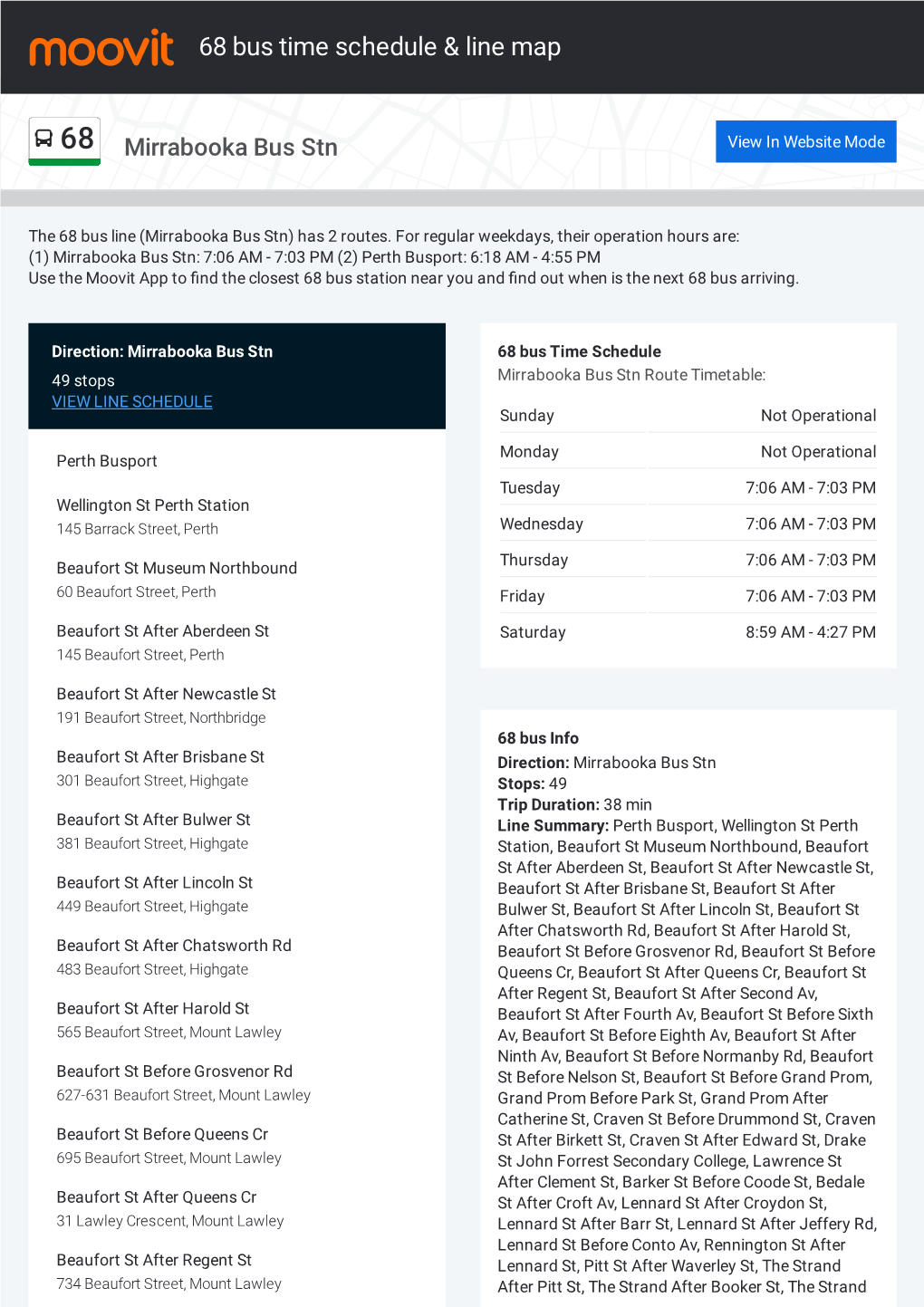 68 Timetable, Stops And