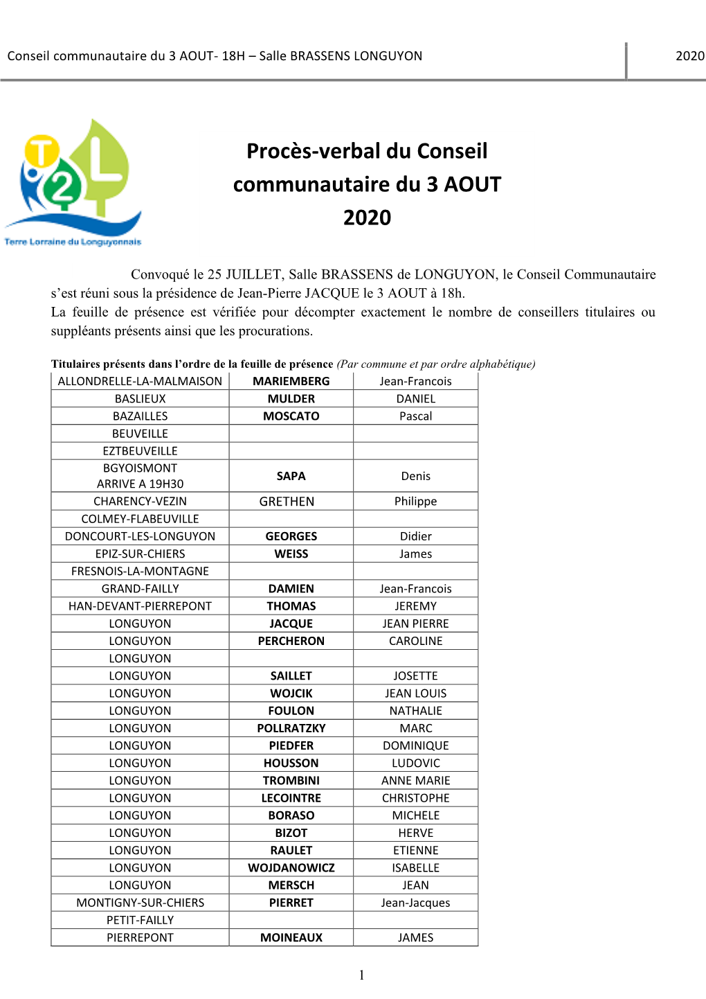 Conseil Communautaire Du 3 AOUT- 18H – Salle BRASSENS LONGUYON 2020