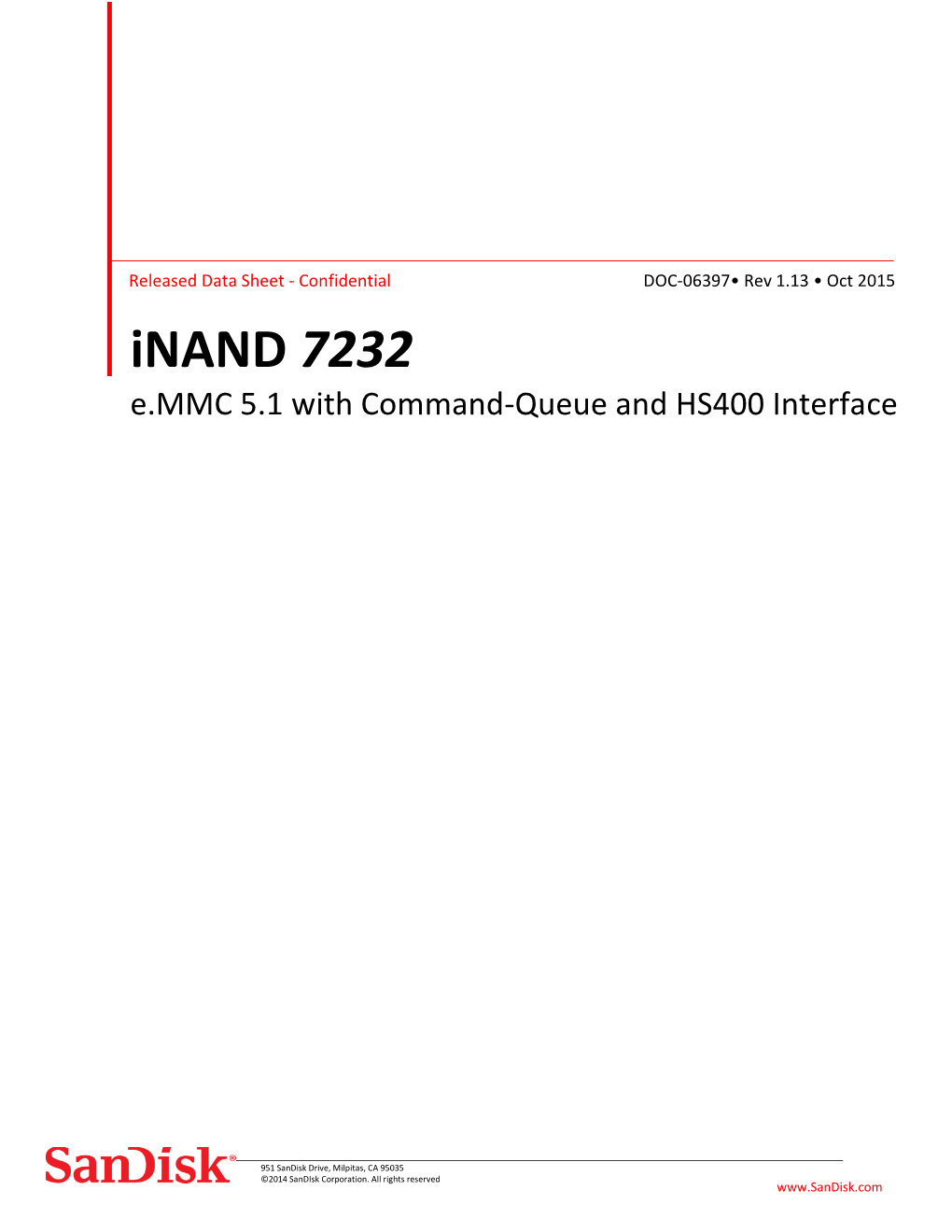 Sandisk Inand Extreme Emmc 5.0 HS400 Interface Data Sheet