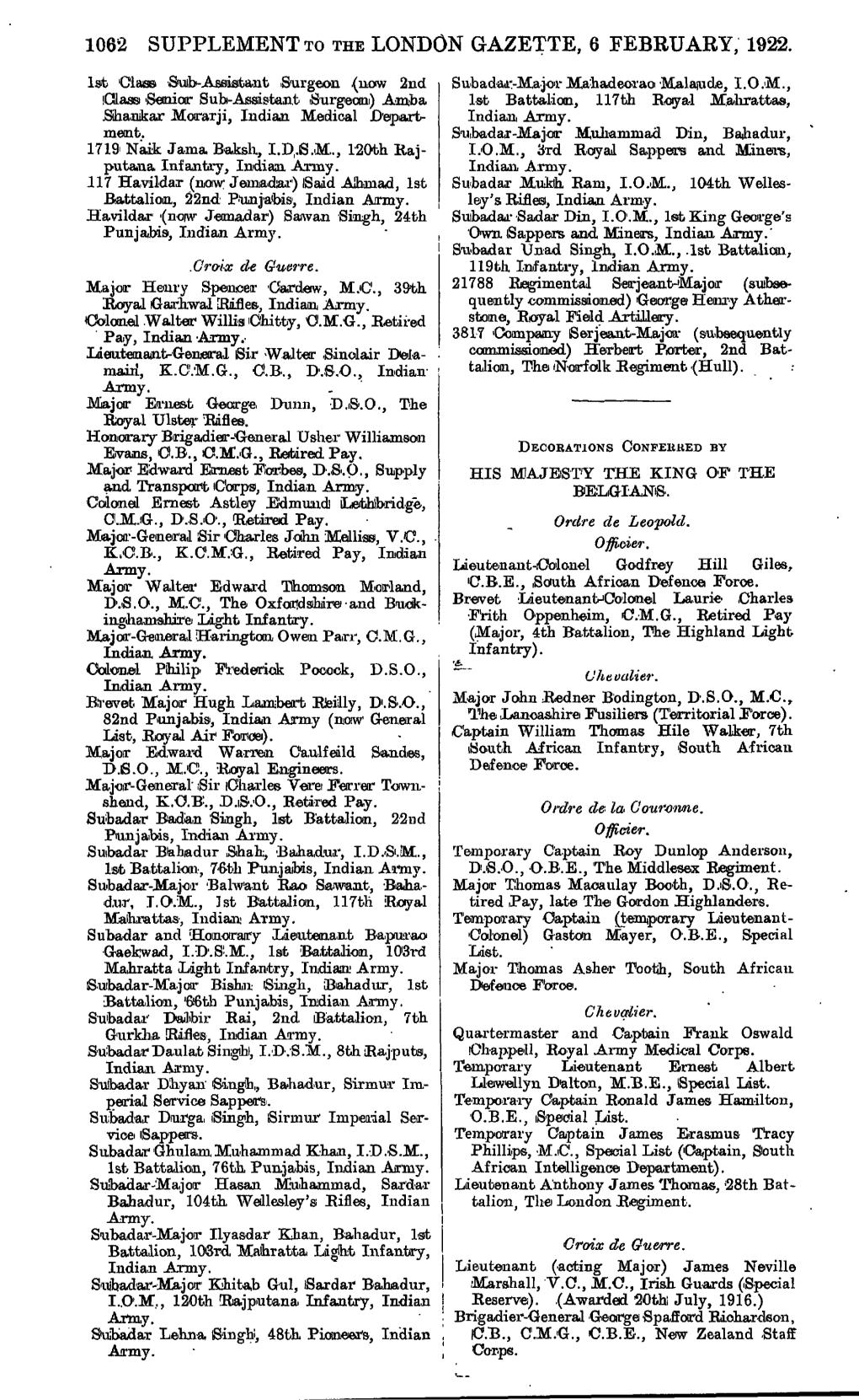 1062 Supplement to the London Gazette, 6 February, 1922