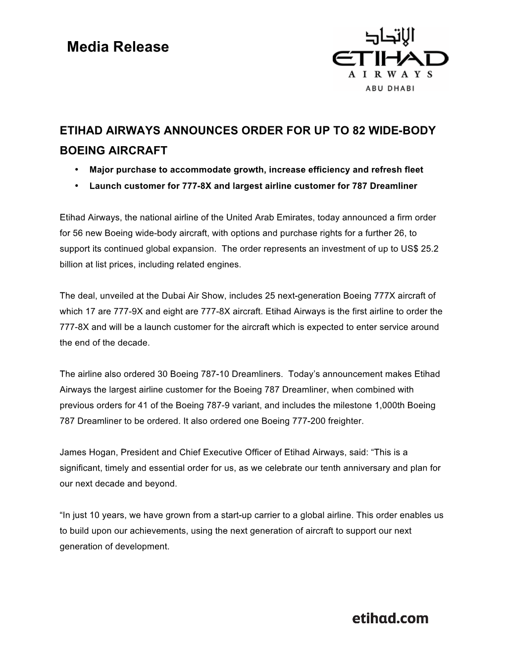 Etihad Airways Announces Order for up to 82 Wide-Body Boeing Aircraft