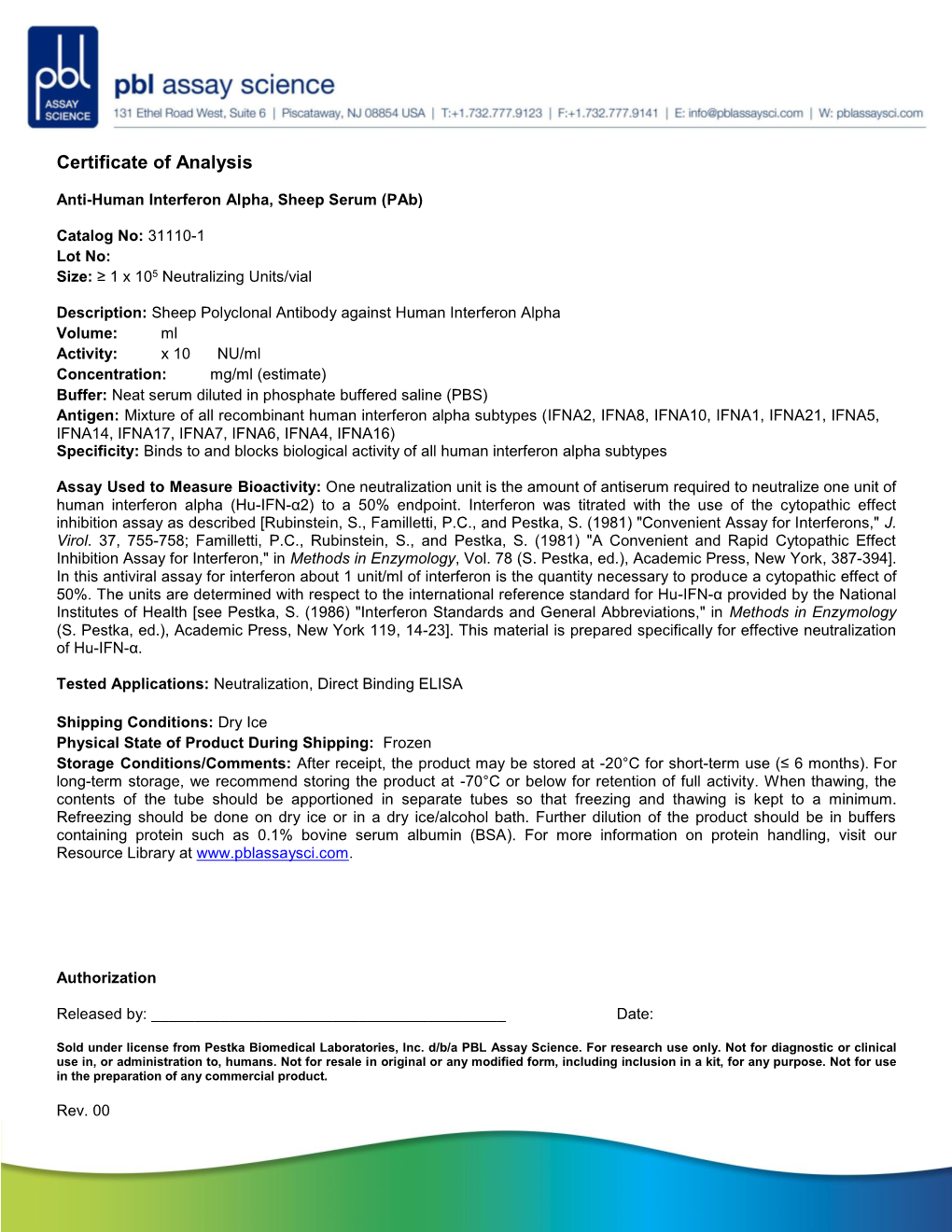 31110-1 Certificate of Analysis