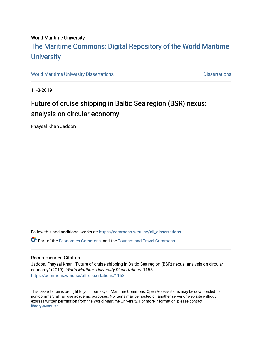 Future of Cruise Shipping in Baltic Sea Region (BSR) Nexus: Analysis on Circular Economy