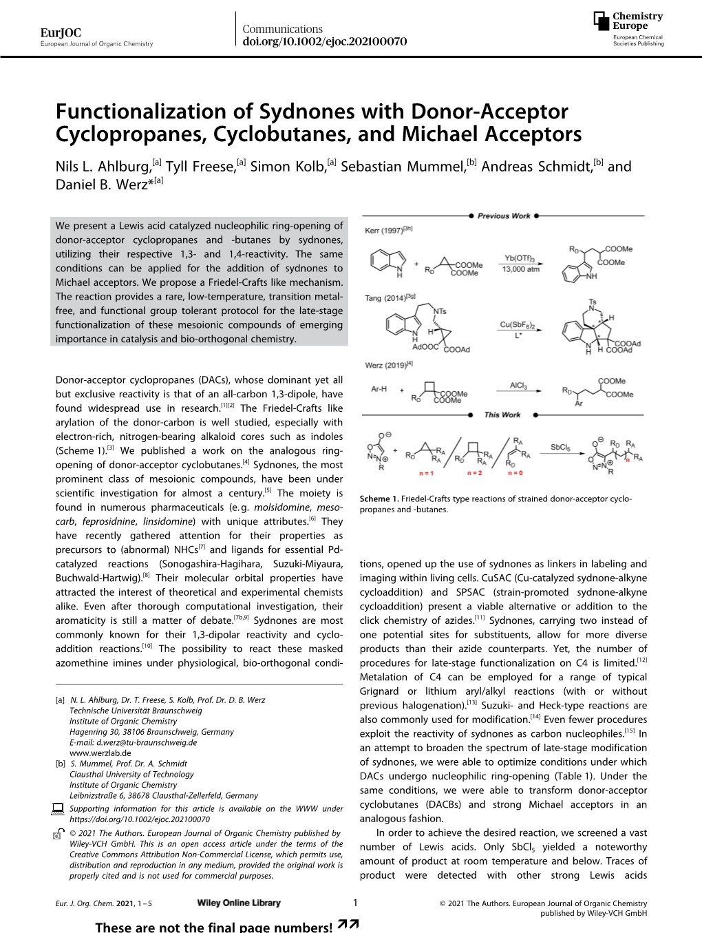 Functionalization of Sydnones with Donor‐Acceptor Cyclopropanes, Cyclobutanes, and Michael Acceptors