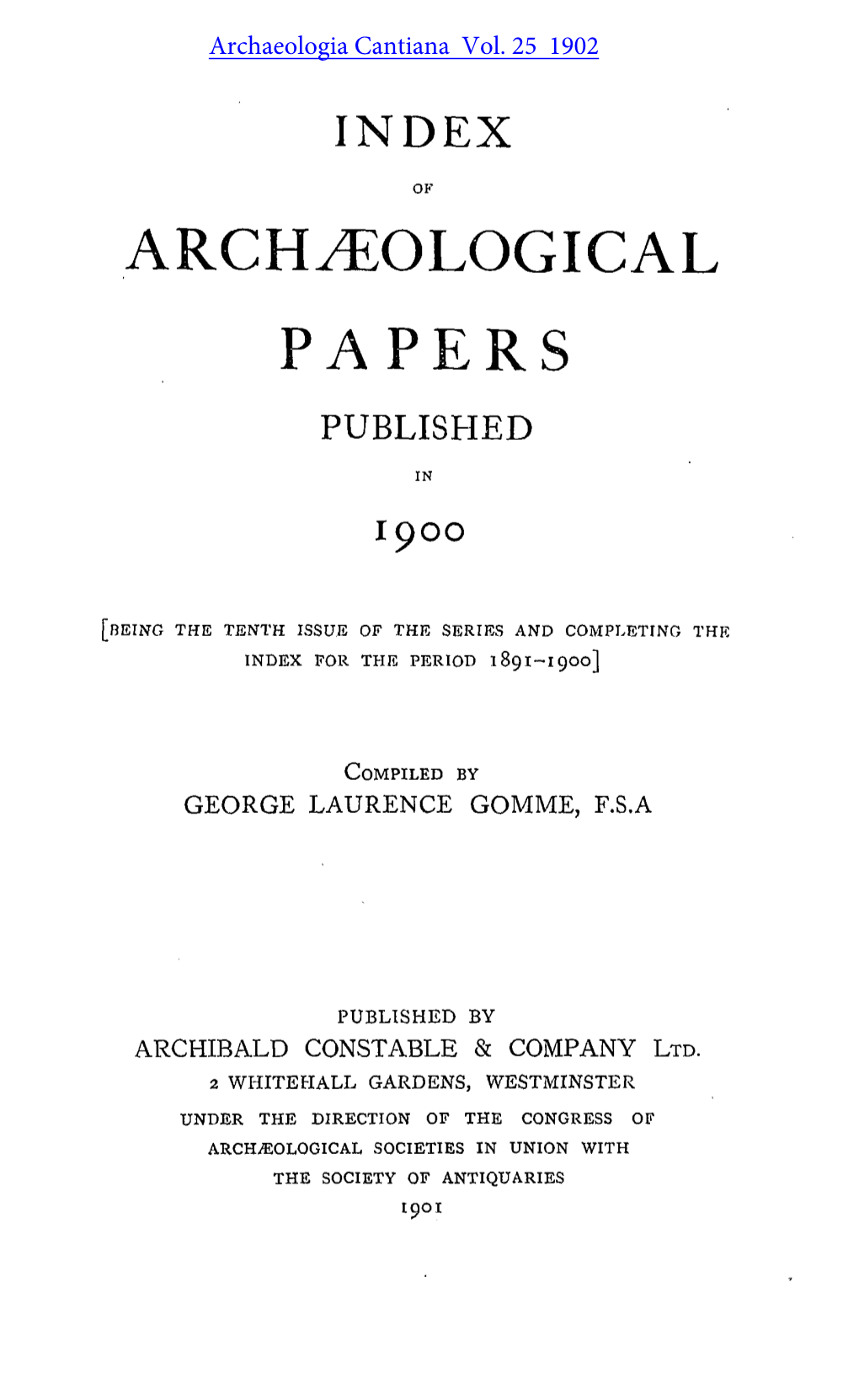 List of Archaeological Papers Published in 1900