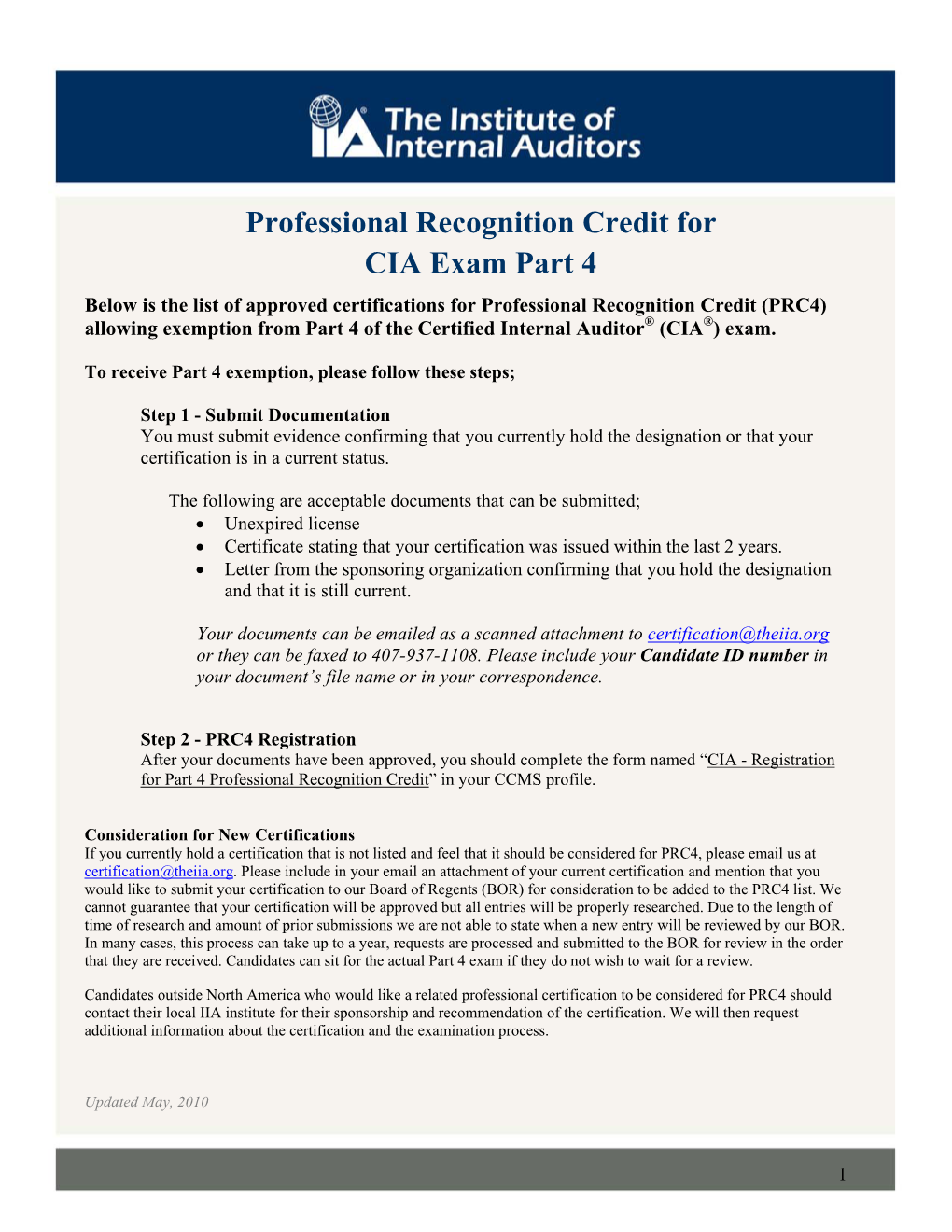 Professional Recognition Credit for CIA Exam Part 4