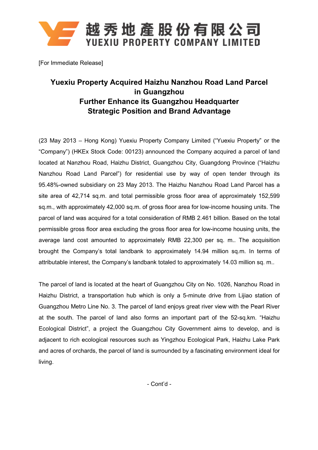 Yuexiu Property Acquired Haizhu Nanzhou Road Land Parcel in Guangzhou Further Enhance Its Guangzhou Headquarter Strategic Position and Brand Advantage