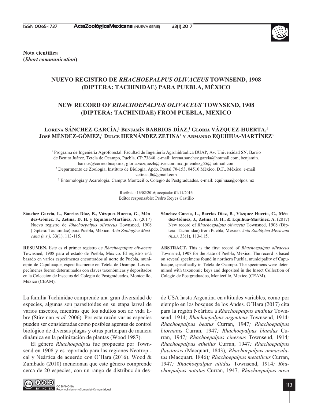 Nuevo Registro De Rhachoepalpus Olivaceus Townsend, 1908 (Diptera: Tachinidae) Para Puebla, México