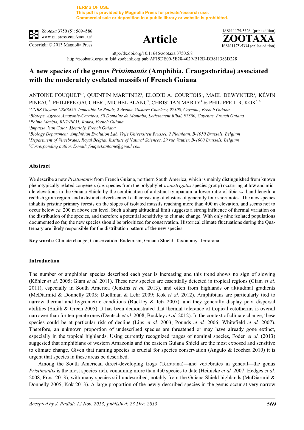 A New Species of the Genus Pristimantis (Amphibia, Craugastoridae) Associated with the Moderately Evelated Massifs of French Guiana