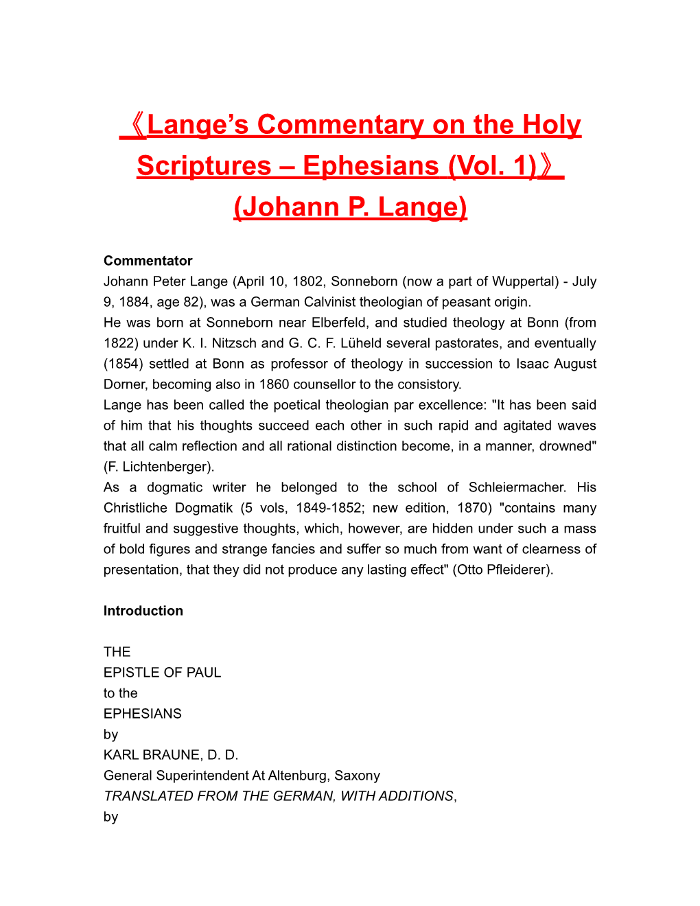 Lange S Commentary on the Holy Scriptures Ephesians (Vol. 1) (Johann P. Lange)