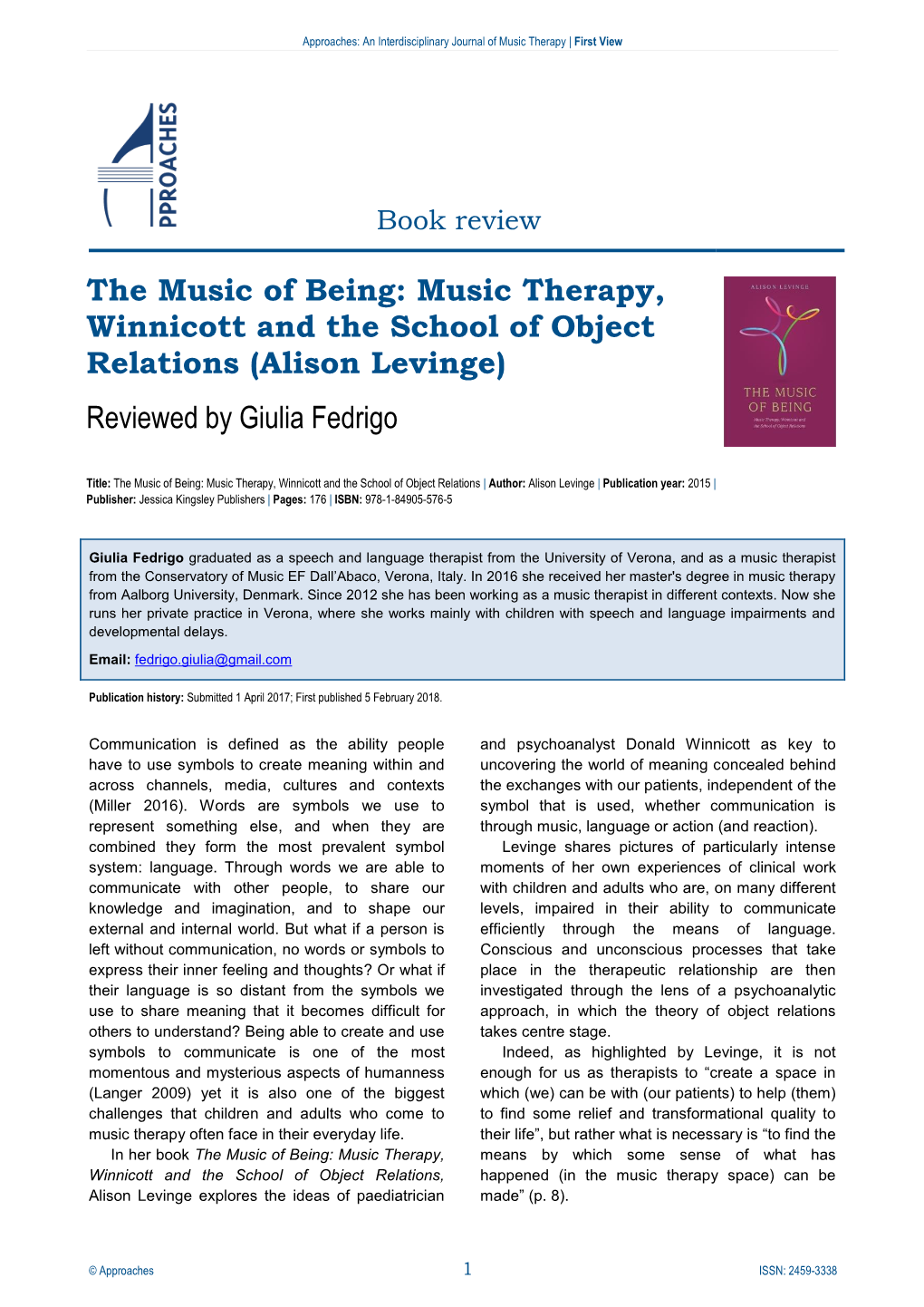 Music Therapy, Winnicott and the School of Object Relations (Alison Levinge) Reviewed by Giulia Fedrigo