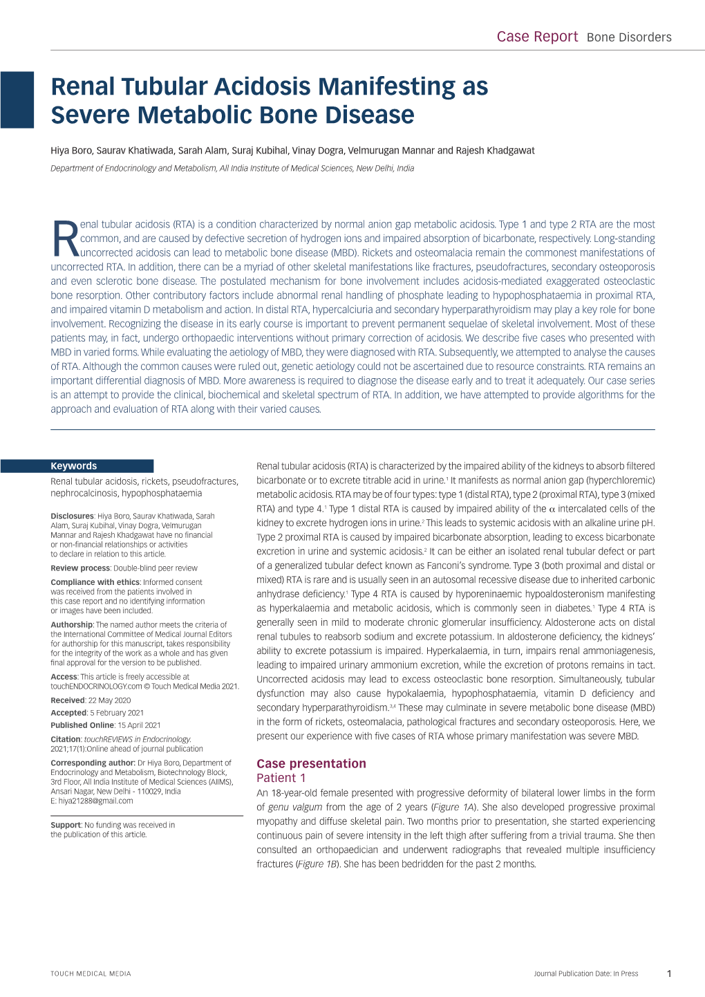 Renal Tubular Acidosis Manifesting As Severe Metabolic Bone Disease