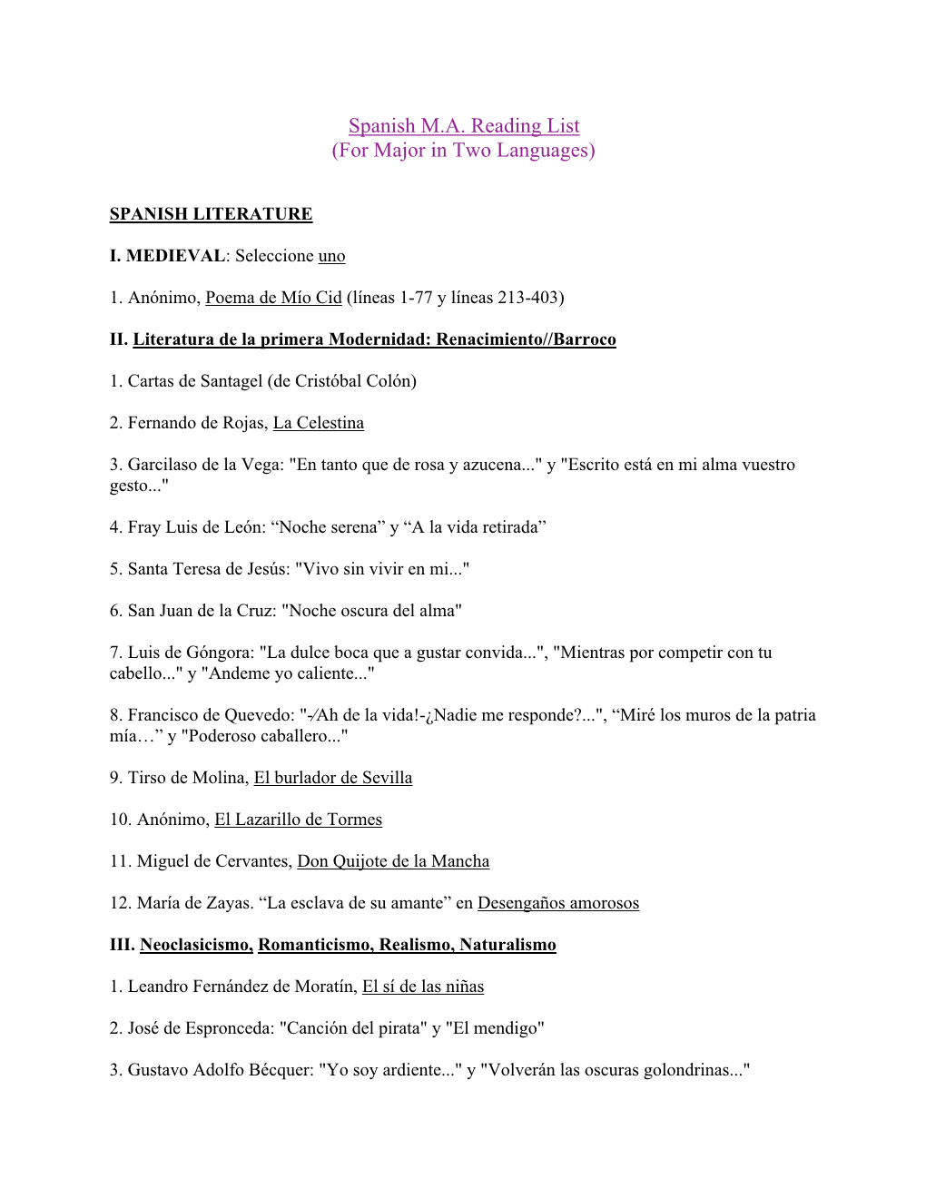 Spanish M.A. Reading List (For Major in Two Languages)
