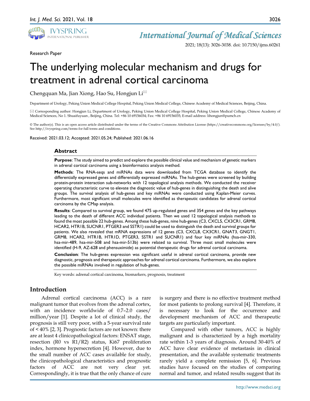 Pdf Identification of Downregulated Hub Genes in Adrenocortical Carcinoma