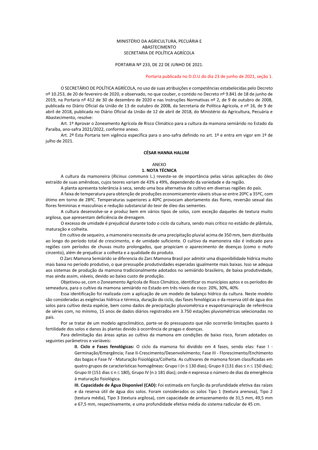 Ministério Da Agricultura, Pecuária E Abastecimento Secretaria De Política Agrícola