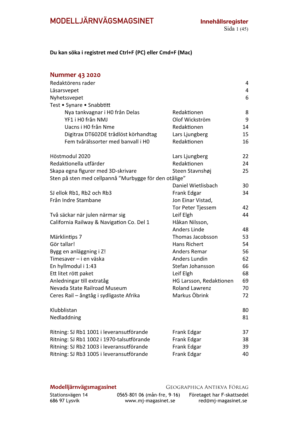 MODELLJÄRNVÄGSMAGSINET Innehållsregister Sida 1 (45)