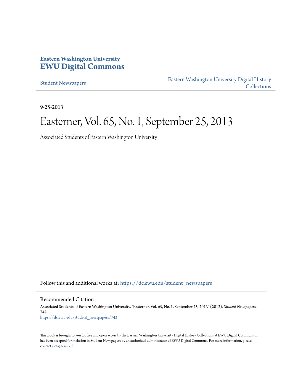 Easterner, Vol. 65, No. 1, September 25, 2013 Associated Students of Eastern Washington University