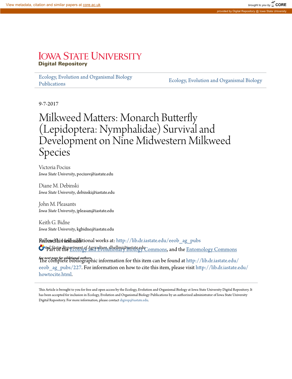 Monarch Butterfly (Lepidoptera: Nymphalidae) Survival and Development on Nine Midwestern Milkweed Species Victoria Pocius Iowa State University, Pociusv@Iastate.Edu