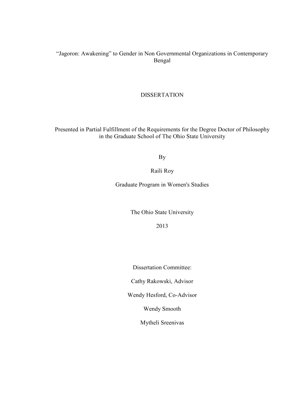 “Jagoron: Awakening” to Gender in Non Governmental Organizations in Contemporary Bengal