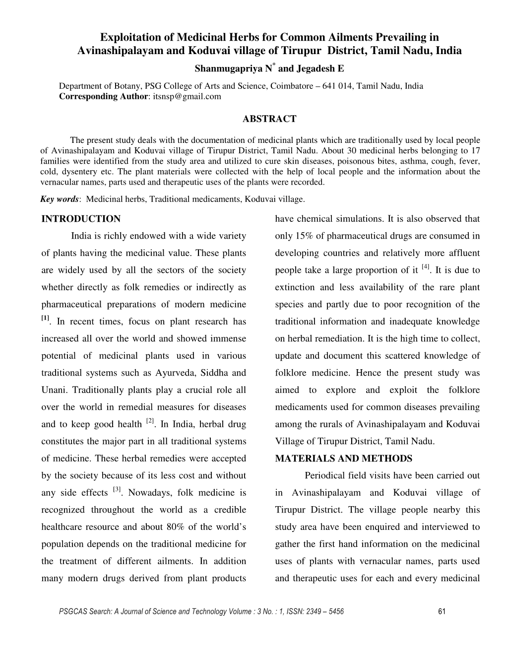 Exploitation of Medicinal Herbs for Common Ailments Prevailing in Avinashipalayam and Koduvai Village of Tirupur District, Tamil Nadu, India