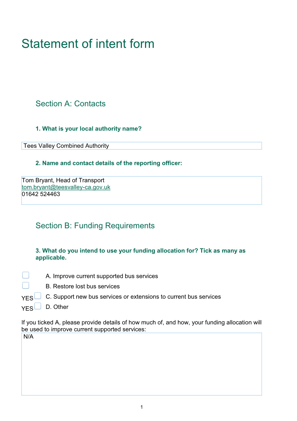 Supported Bus Fund Application Tees Valley Combined Authority