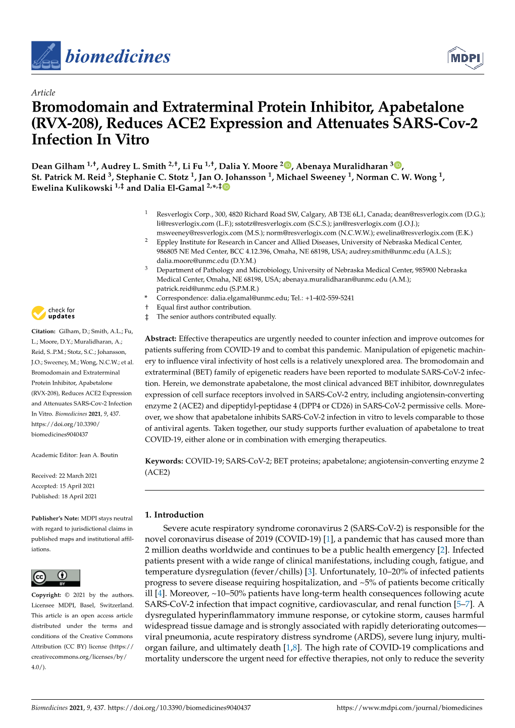 RVX-208), Reduces ACE2 Expression and Attenuates SARS-Cov-2 Infection in Vitro