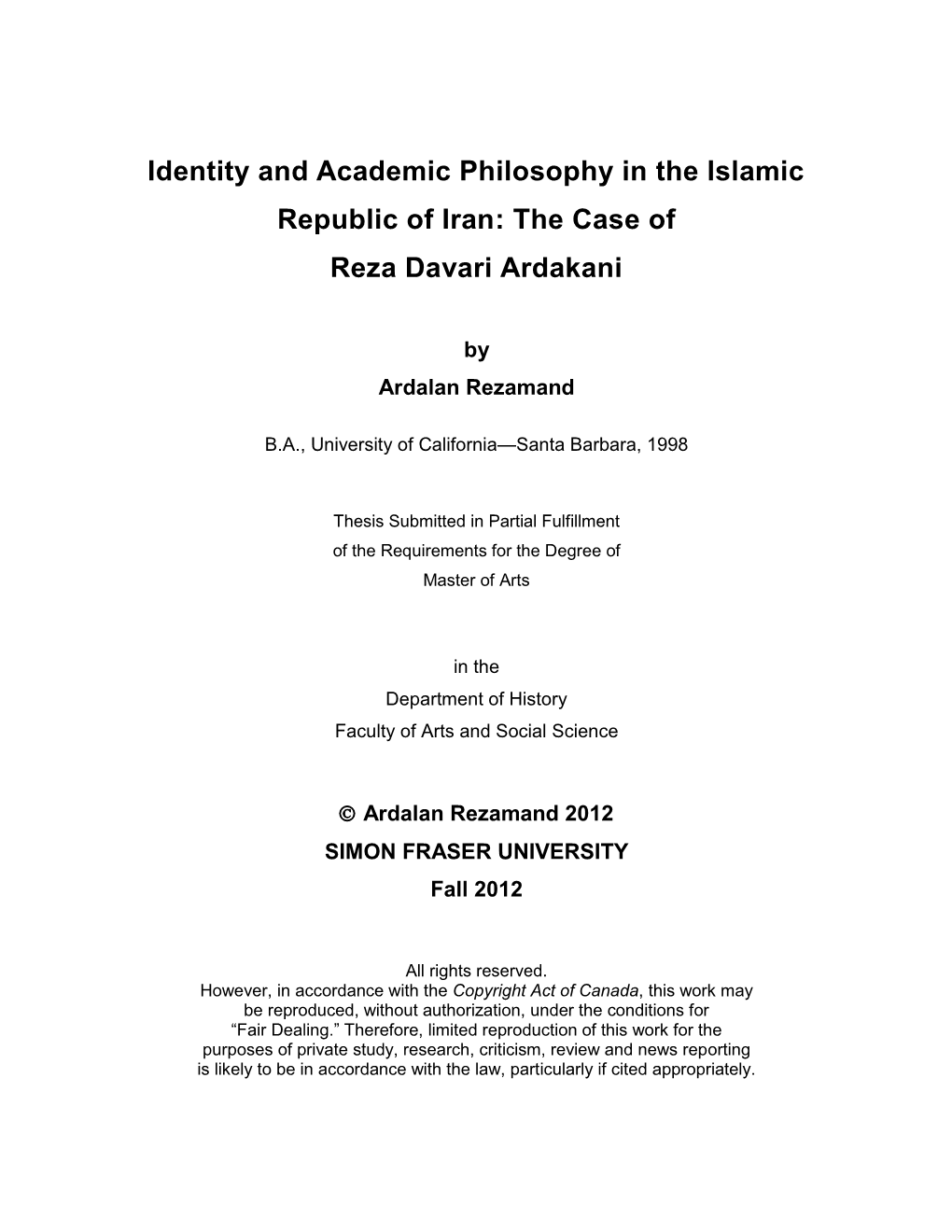 Identity and Academic Philosophy in the Islamic Republic of Iran: the Case of Reza Davari Ardakani