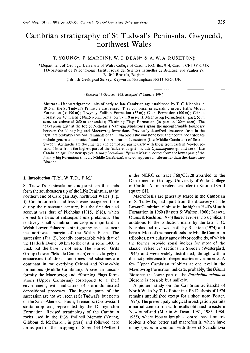 Cambrian Stratigraphy of St Tudwal's Peninsula, Gwynedd, Northwest