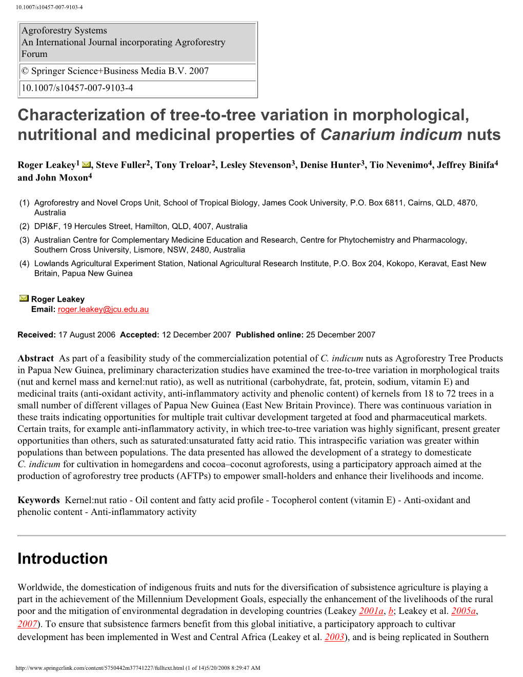 Characterization of Tree-To-Tree Variation in Morphological, Nutritional and Medicinal Properties of Canarium Indicum Nuts