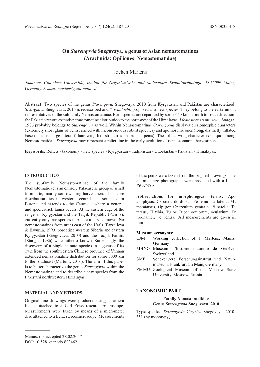 On Starengovia Snegovaya, a Genus of Asian Nemastomatines (Arachnida: Opiliones: Nemastomatidae)