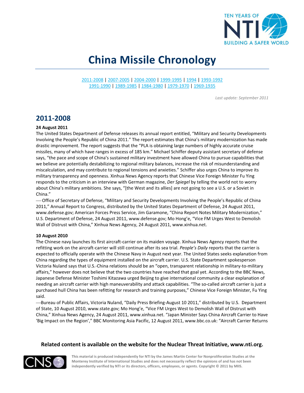 China Missile Chronology