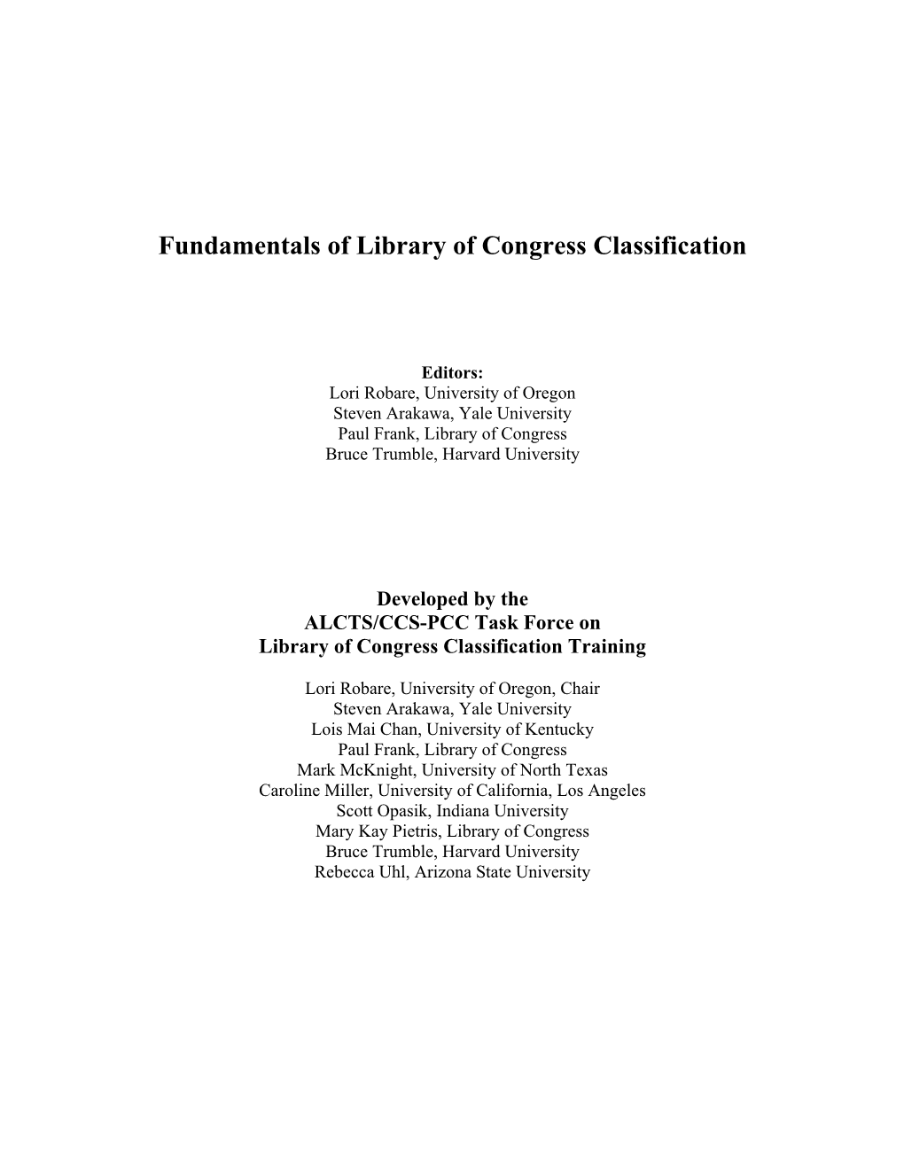 Fundamentals of Library of Congress Classification