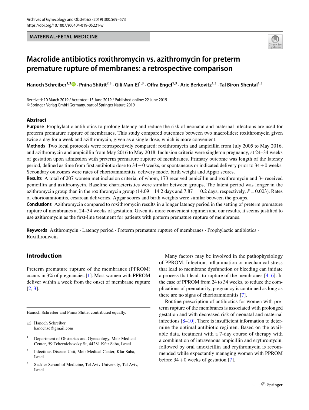 Macrolide Antibiotics Roxithromycin Vs. Azithromycin for Preterm Premature Rupture of Membranes: a Retrospective Comparison