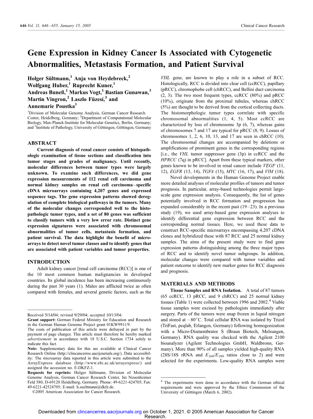 Gene Expression in Kidney Cancer Is Associated with Cytogenetic Abnormalities, Metastasis Formation, and Patient Survival