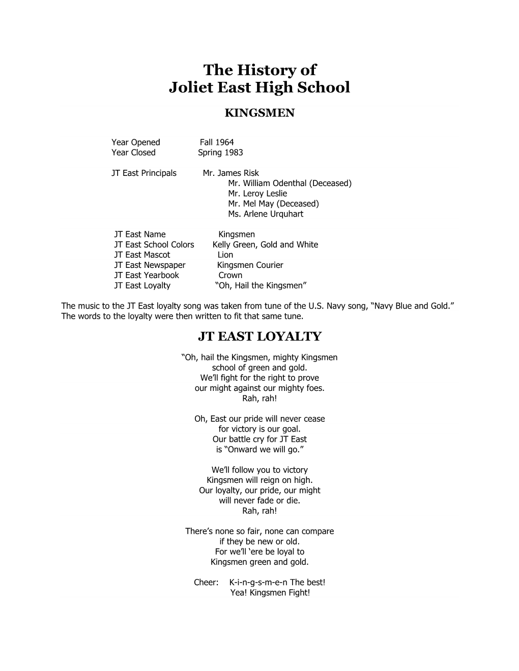 The History of Joliet East High School