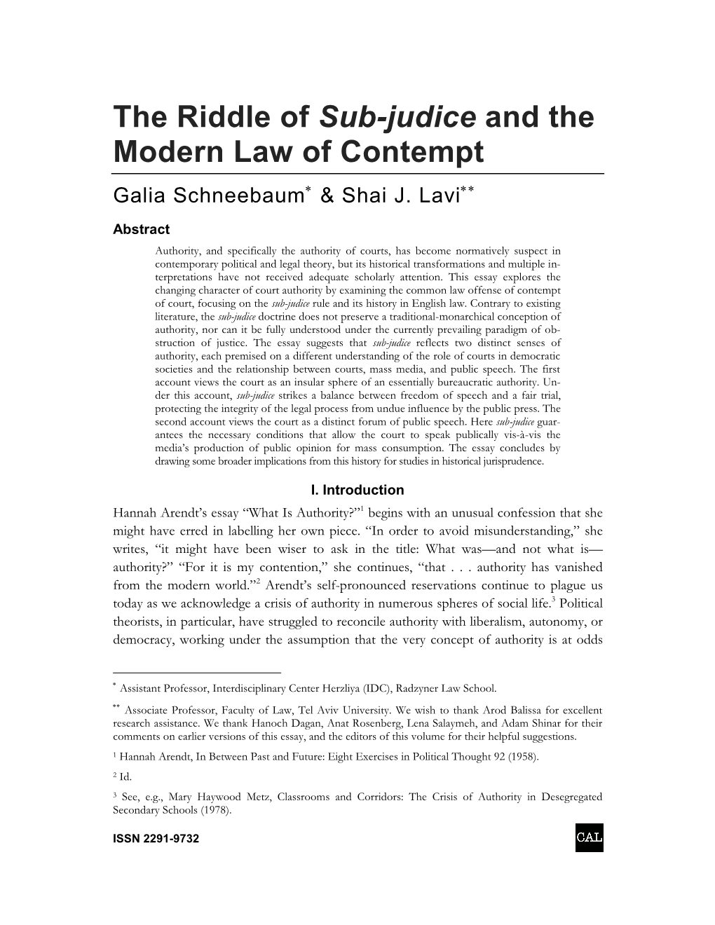The Riddle of Sub-Judice and the Modern Law of Contempt Galia Schneebaum∗ & Shai J