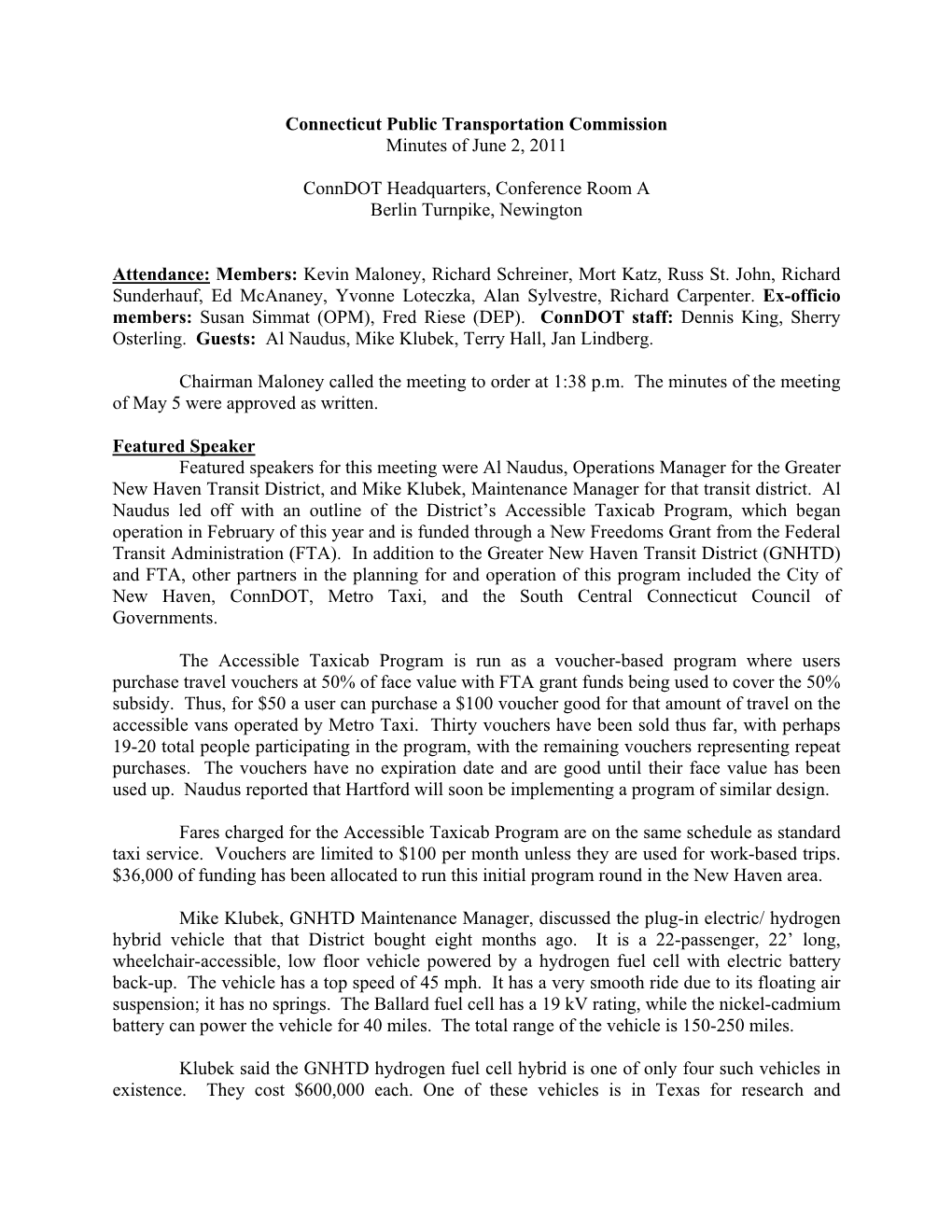 Connecticut Public Transportation Commission Minutes of June 2, 2011
