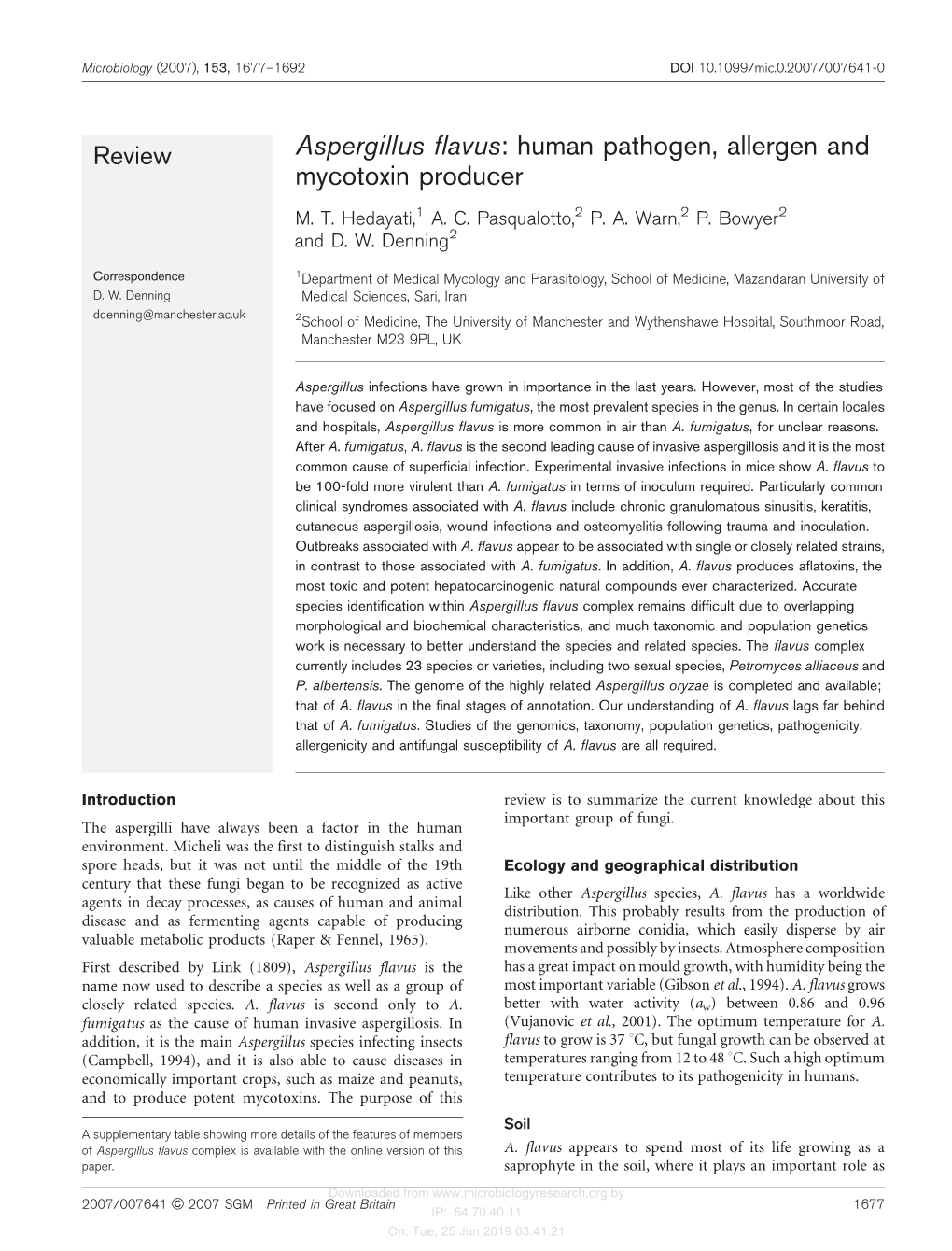 Aspergillus Flavus: Human Pathogen, Allergen and Mycotoxin Producer