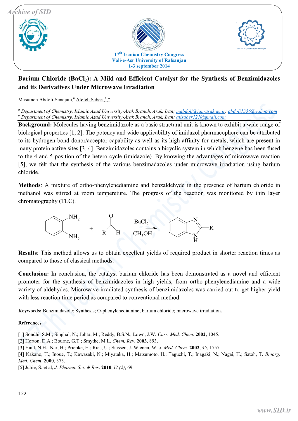 Barium Chloride (Bacl2): a Mild and Efficient Catalyst for the Synthesis of Benzimidazoles and Its Derivatives Under Microwave Irradiation