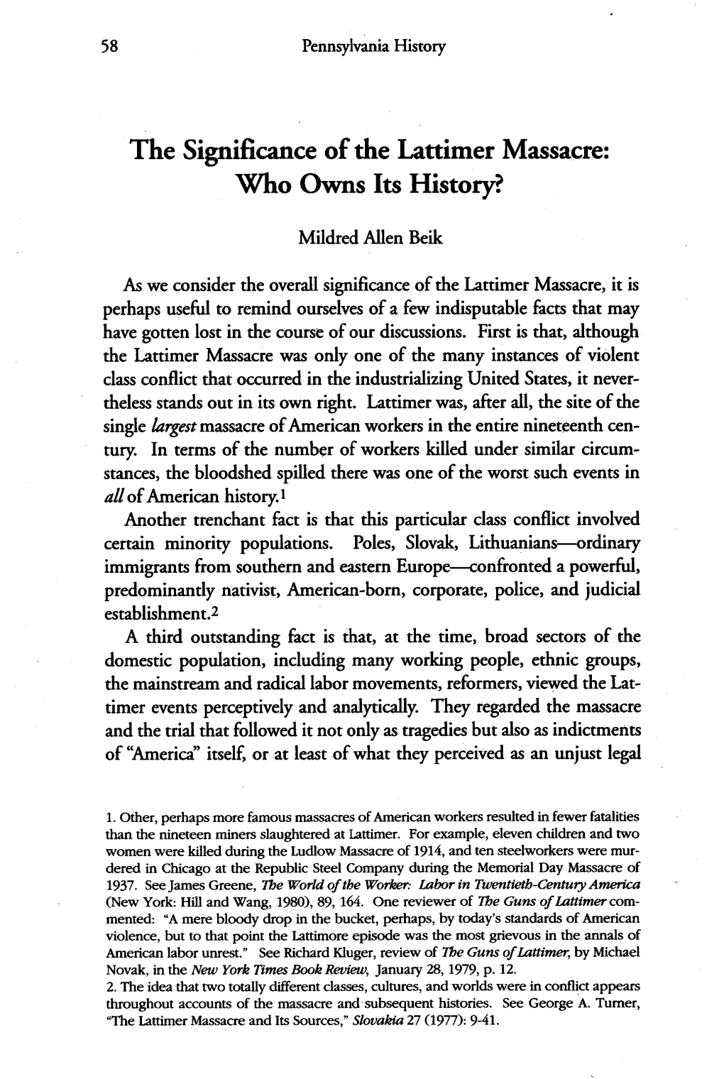 The Significance of the Lattimer Massacre: Who Owns Its History?