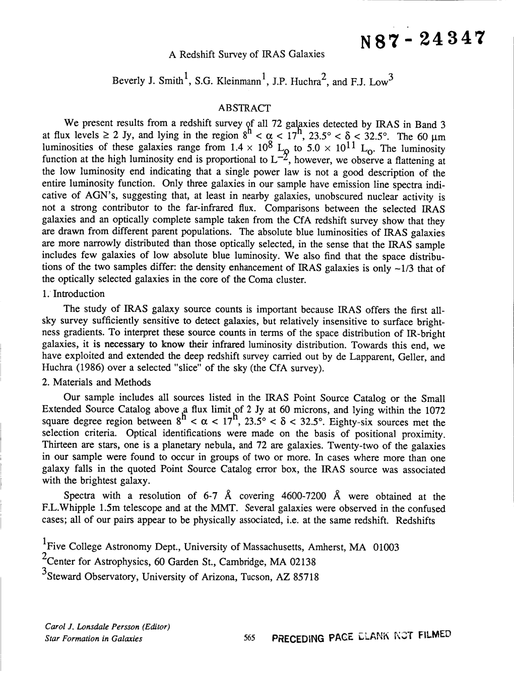 N87- 24347 a Redshift Survey of IRAS Galaxies